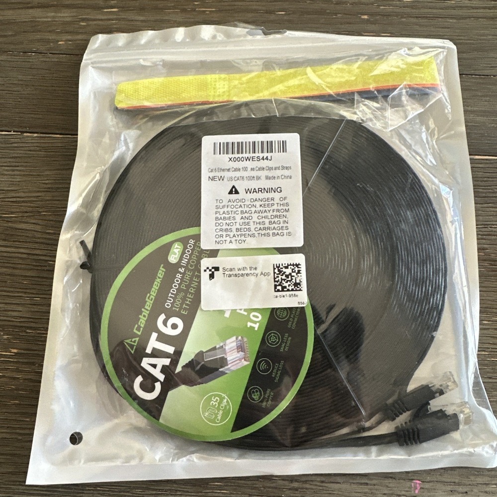 CableGeeker Cat 6 Ether Cable‎ 100 ft - Straps and clips - NEW